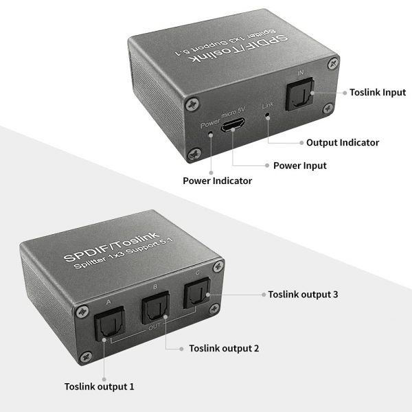 1 to 3 active SPDIF Toslink Splitter with USB power-1